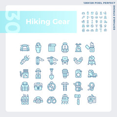 Pixel perfect blue icons collection representing hiking gear, editable isolated thin line illustration.