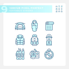 2D pixel perfect blue icons set representing hiking gear, editable isolated thin line illustration.