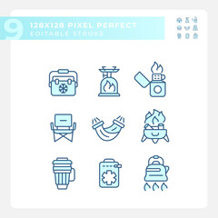 Pixel perfect blue icons representing hiking gear, editable isolated thin linear illustration set.