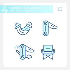 2D pixel perfect blue icons set representing hiking gear, editable isolated thin line illustration.