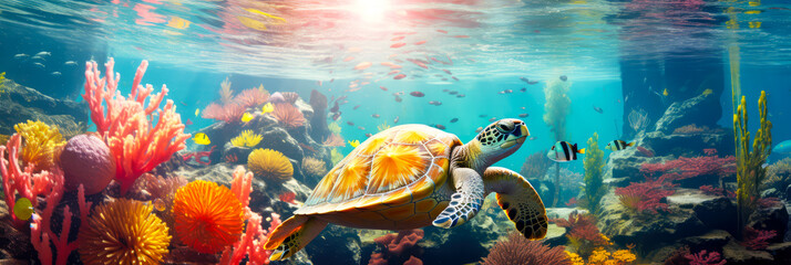 Schildkröte im Korallenriff. Generiert mit KI - obrazy, fototapety, plakaty