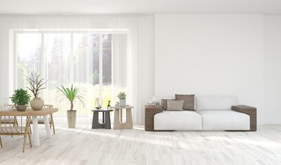 Bright interior design with modern furniture and summer landscape in window. 3D illustration