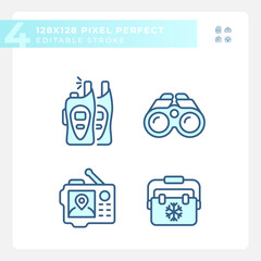 Pixel perfect blue icons set representing hiking gear, editable isolated thin linear illustration.