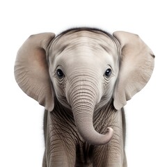 a cute baby elephant facing camera in white background