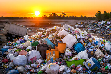 Large garbage heaps at the city dump. The problem of environmental pollution
