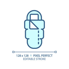 2D pixel perfect blue sleeping bag icon, isolated vector, editable hiking gear thin line illustration.