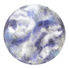 Fantastic space planet, moon with beautiful texture and stains. Watercolor illustration isolated on transparent background. colorful abstract geometric circle