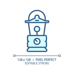 2D pixel perfect blue lantern icon, isolated vector, editable hiking gear thin line illustration.