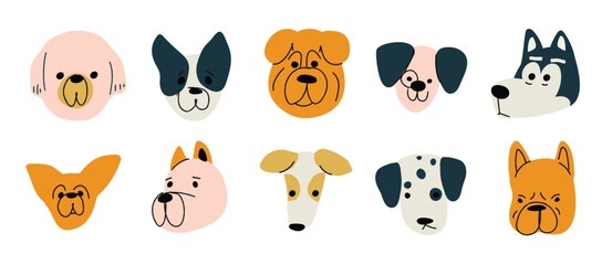 Obraz premium Cute and smile dog heads doodle vector set. Comic happy dog faces character design of husky, bulldog with flat color isolated on white background. Design illustration for sticker, comic, print. 