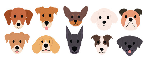 Obraz premium Cute and smile dog heads doodle vector set. Comic happy dog faces character design of bulldog, beagle, poodle with flat color isolated on white background. Design illustration for sticker, comic.