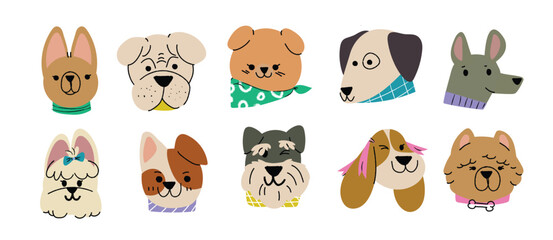 Cute and smile dog heads doodle vector set. Comic happy dog faces character design of chihuahua, corgi with flat color isolated on white background. Design illustration for sticker, comic, print. 