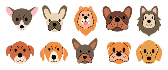 Obraz premium Cute and smile dog heads doodle vector set. Comic happy dog faces character design of bulldog, lion, wolf with flat color isolated on white background. Design illustration for sticker, comic, print. 