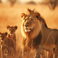 Lion and his cubs in africa