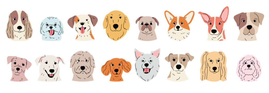 Cute and smile dog heads doodle vector set. Comic happy dog faces character design of bulldog, lion, wolf with flat color isolated on white background. Design illustration for sticker, comic, print.