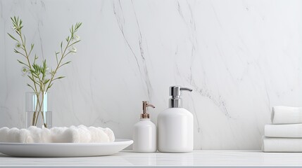 Fototapeta premium Bathroom accessories on a shelf in front of a white wall with copy space