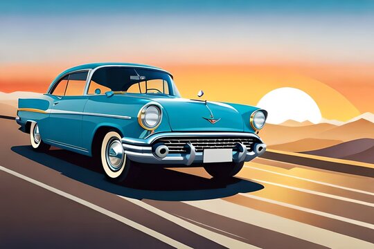 vintage car on the beach, artwork of t-shirt graphic design, flat design of one retro ,retro car ,colorful, shades, highly detailed clean, vector image, photorealistic masterpiece