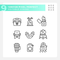 Pixel perfect black icons representing hiking gear, editable isolated thin linear illustration set.