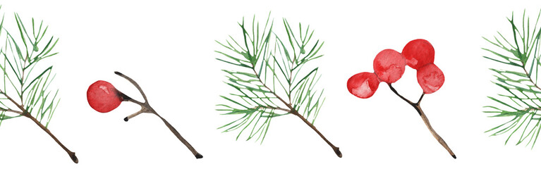 Christmas watercolor horizontal seamless pattern with fir and holly berries on white backgground.Winter print.