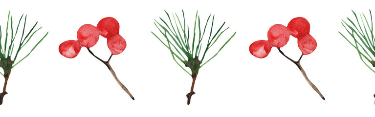 Christmas watercolor horizontal seamless pattern with holly berries.Winter pattern