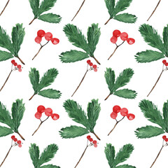 Christmas watercolor horizontal seamless pattern with fir and holly berries on white backgground.Winter print.