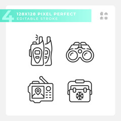 Pixel perfect black icons set representing hiking gear, editable isolated thin linear illustration.