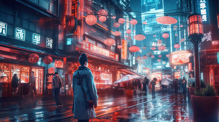 Woman walking in a city of advanced technology in China. Generative AI.