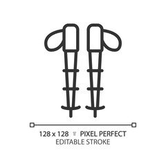2D pixel perfect black hiking poles icon, isolated vector, editable hiking gear thin line illustration.