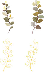 Set of leaf branches. green and gold leaves. Wedding concept