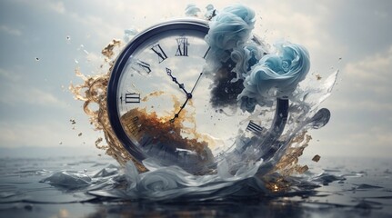 Time is running out concept, a beautiful clock on the river with blue and golden wave effect  - obrazy, fototapety, plakaty