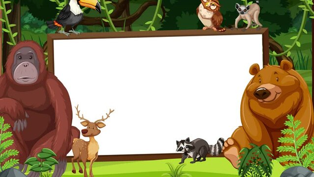 Zoom out whiteboard banner of jungle forest theme with wild animals cartoon character surrounded
