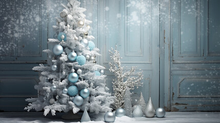 A visually captivating image of a Christmas tree draped in shimmering silver and icy blue ornaments, resembling a winter wonderland 
