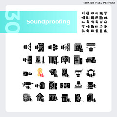 Pixel perfect glyph style icons collection representing soundproofing, silhouette illustration, solid simple pictogram.