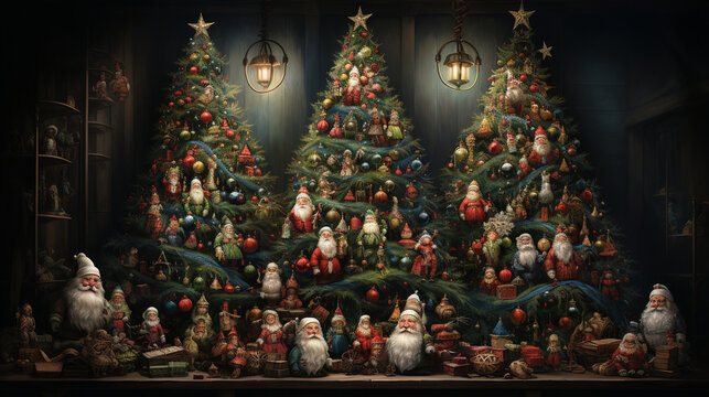A joyful scene of a Christmas tree adorned with whimsical ornaments depicting classic holiday characters, bringing a touch of nostalgia 