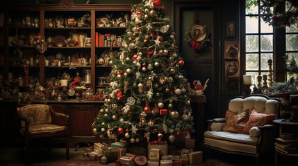 Naklejka na ściany i meble A traditional Christmas tree adorned with handmade ornaments, heirloom decorations, and cherished family mementos, celebrating nostalgia 