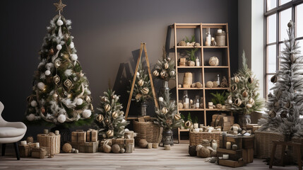 Fototapeta na wymiar A contemporary Christmas tree design with a focus on nature, featuring botanical ornaments, wood accents, and woven baskets 