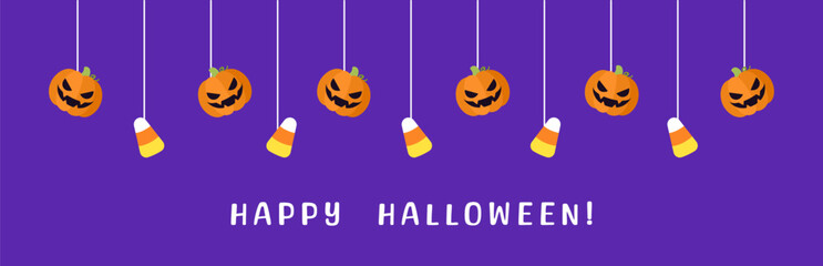 Happy Halloween border banner with candy corn and jack o lantern pumpkins. Hanging Spooky Ornaments Decoration Vector illustration, trick or treat party invitation