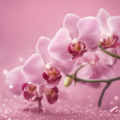 Naklejka na ściany i meble Pink orchid flower with glitter pink background. Image generated by artificial intelligence.