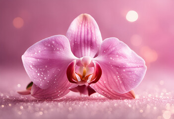 Pink orchid flower with glitter pink background. Image generated by artificial intelligence.