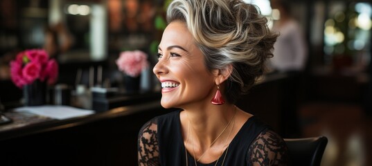 Hairdresser is attentive to mature woman's requests regarding her hairdo.