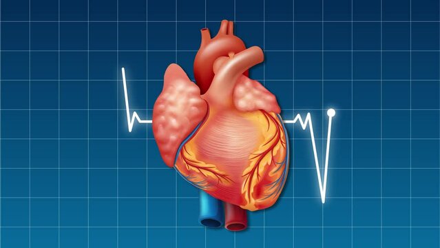 Medical animation of a beating heart with cardiac wave on blue square background.