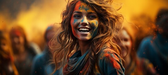During Holi, an Indian woman with a colourful face dances..