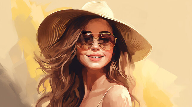 brown hair Happy smiling Young beautiful women wear a hat and sunglass in summer generative AI