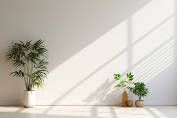 Fototapeta na wymiar Beautiful house plant in the pot on wooden floor set beside the wall with sunbeam and shadow on white empty wall. Background, mockup backdrop. Green houseplant decoration. Products overlay