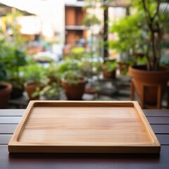 Empty wooden tray on perspective wooden table on top over blur background view from the coffee shop window. Can be used mock up for montage products display or design layout generative Ai