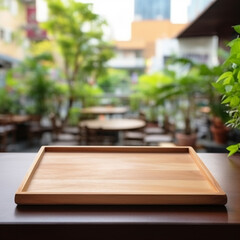 Empty wooden tray on perspective wooden table on top over blur background view from the coffee shop window. Can be used mock up for montage products display or design layout generative Ai