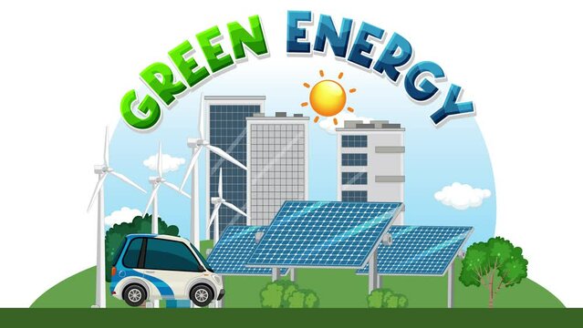 Set of green energy icons including solar cells, EV car, and windmill, promoting environmental sustainability.