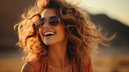 Portrait of a beautiful smiling young woman wearing sunglasses on the beach