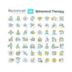 2D editable multicolor big line icons set representing behavioral therapy, isolated vector, linear illustration.
