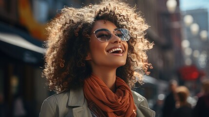 Portrait of a beautiful black young woman with curly brown hair and sunglasses laughing on a street in the city