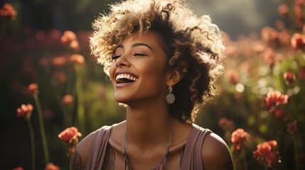 Portrait of a happy and laughing beautiful black young woman with brown curls in a flower meadow in the summer